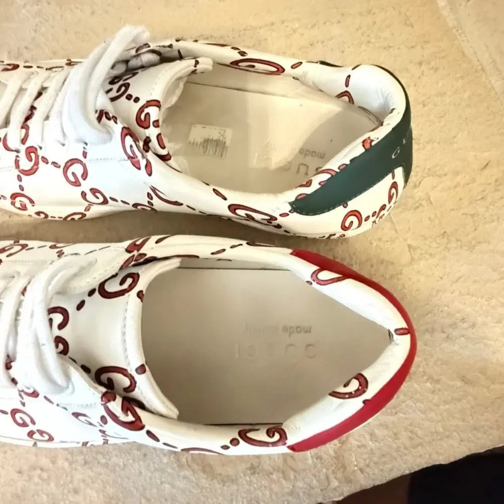Gucci Ace GG Tennis Print Leather Sneakers White Red Green 8.5 Designer Luxe